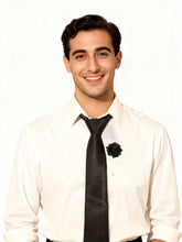 Classic Black Textured Necktie with Floral Lapel Pin